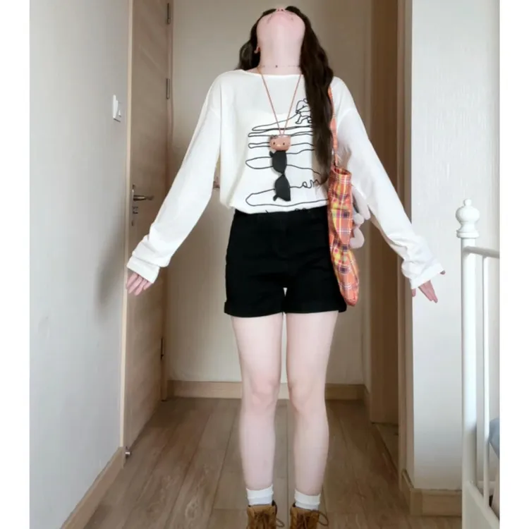 夏季慵懒风穿搭遛狗印花防晒长袖罩衫t恤女高腰紧身短裤两件套装