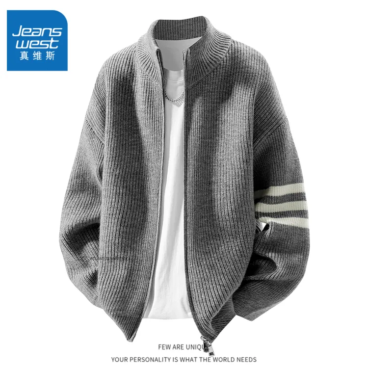 Jeanswest/真维斯慵懒风开衫毛衣男士秋冬季休闲针织衫美式外套男