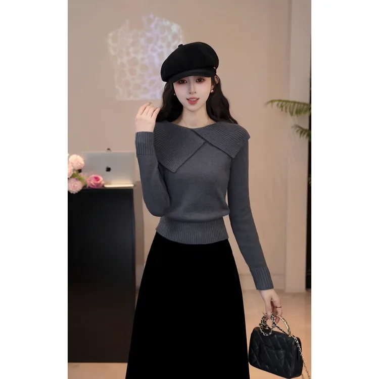 YUANLIANSU/圆脸酥【慢调生活】法式百搭气质大翻领针织衫女秋冬款