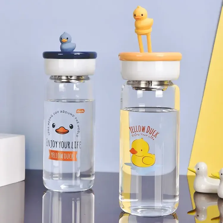 （2个随机）生活优品拧盖茶隔萌萌鸭玻璃杯410ml学生简约创意可爱少女心便携