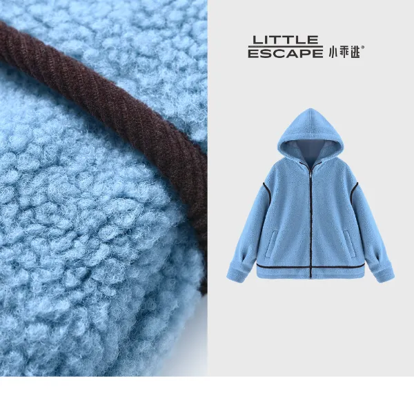 小乖逃休闲时尚蓝色外套加厚绒感黑色线条宽松百搭款M8123