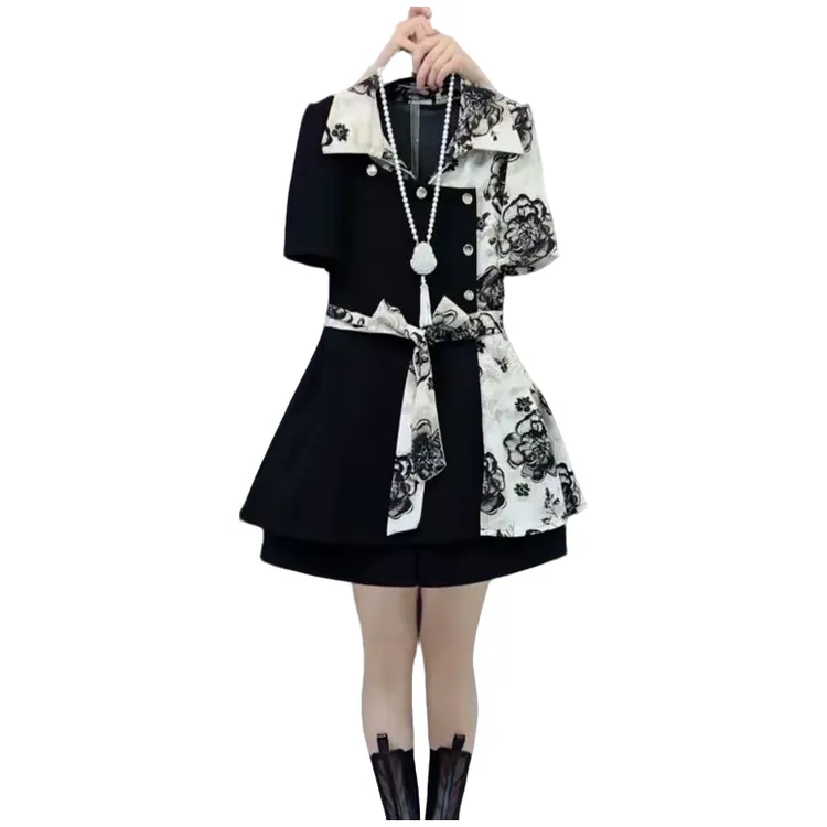 大维罗依YX 欧货翻领大码拼接设计感显瘦短裤套装