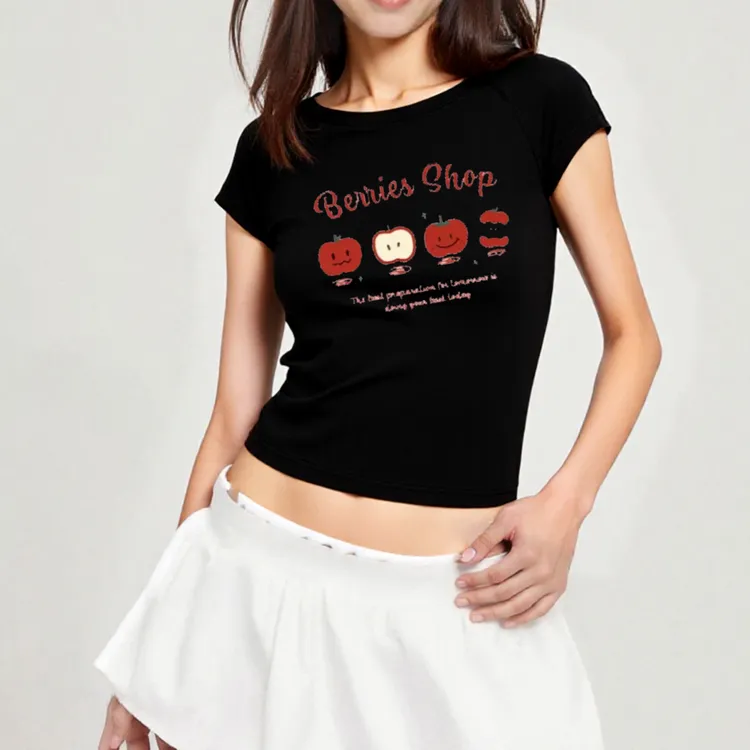 可爱苹果字母印花短袖T恤女夏辣妹款2025新款甜美风短款性感上衣