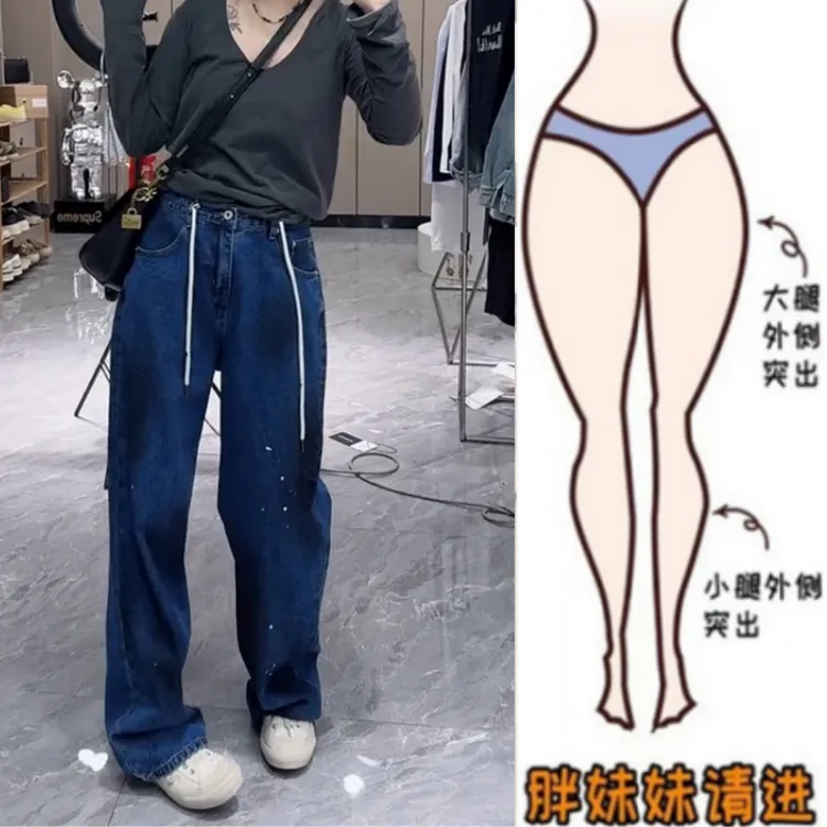 格洛森女装早春新款梨型身材高腰显瘦时尚抽绳复古直筒波点牛仔裤