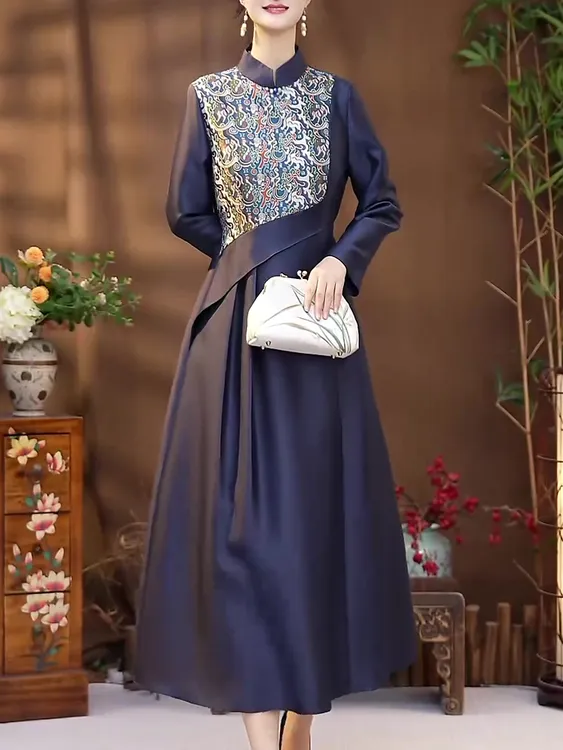 新中式复古国风连衣裙2025春秋新款民族风收腰显瘦减龄改良旗袍裙