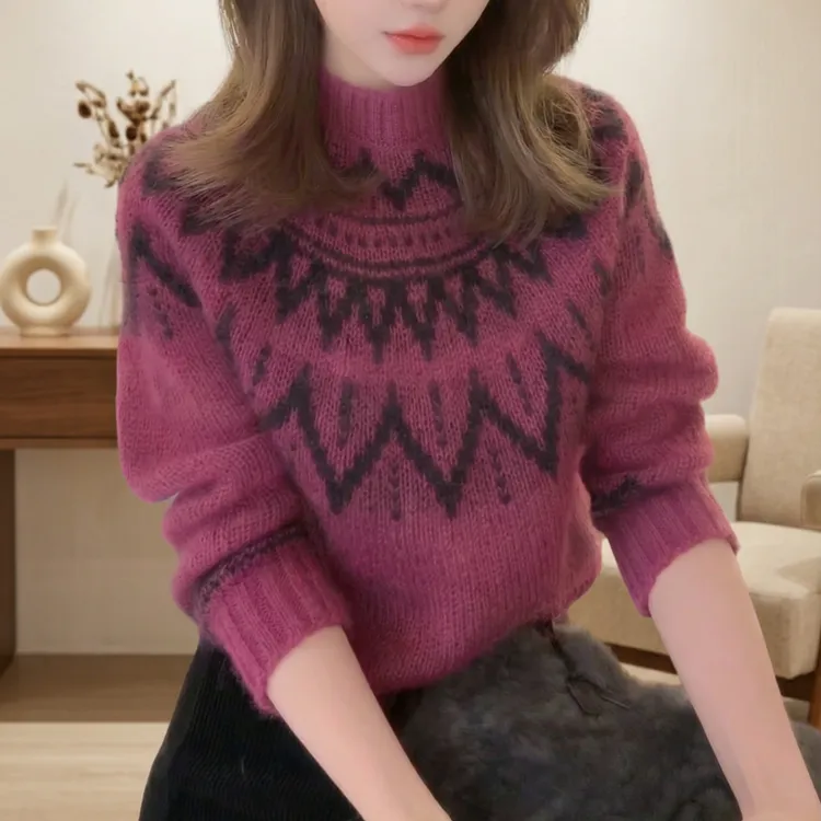 冬季时尚设计感提花长袖针织衫洋气慵懒套头毛衣LK2509057