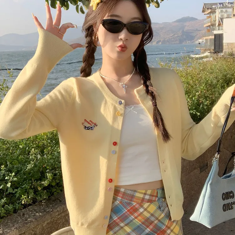 黄色针织开衫外套女2025新款撞色毛衣独特超好看早秋气质韩系上衣