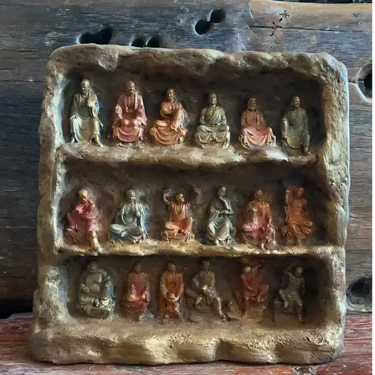 十八罗汉石壁山-手工雕刻圆雕工艺收藏文玩佛像神像摆件25/27/8Cm