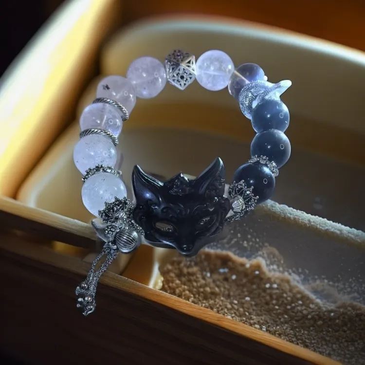天然银曜狐狸面具闪灵冰曜石手串diy