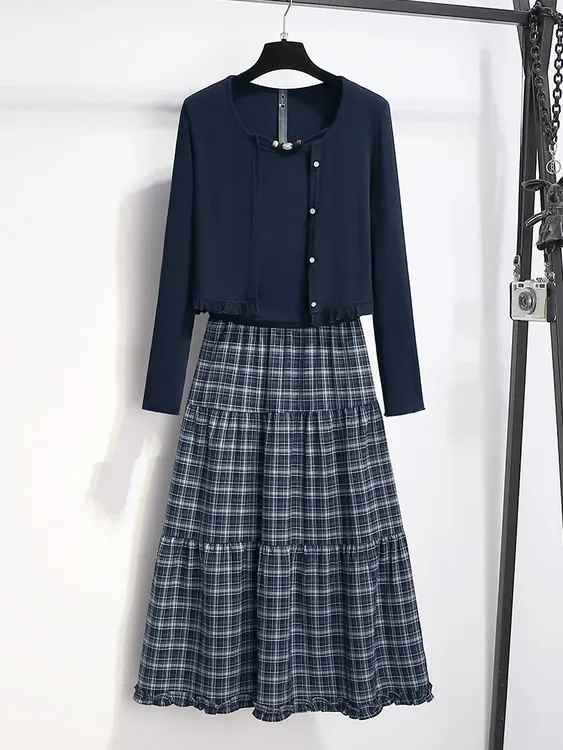 法式复古学院风秋季格子吊带搭针织开衫与高腰半身裙套装