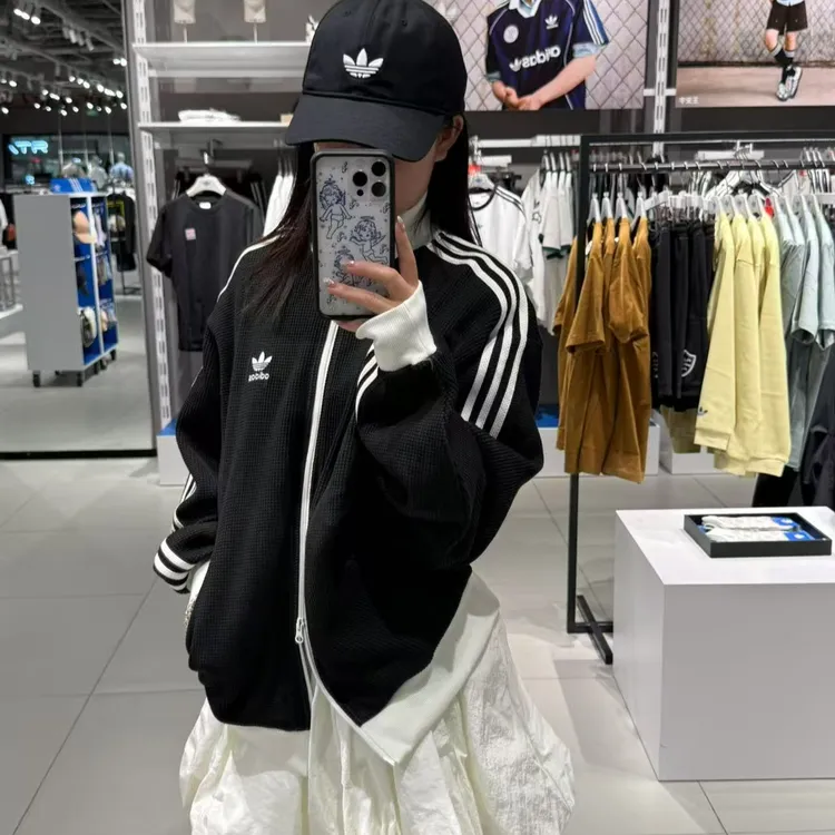 adidas/阿迪达斯三叶草黑色华夫格立领运动宽松夹克外套KC2619