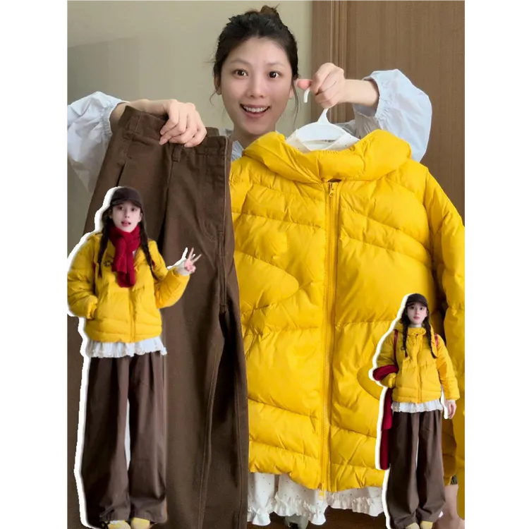 韩系减龄黄色连帽棉服外套女款2025冬季新款小个子宽松加厚棉衣潮
