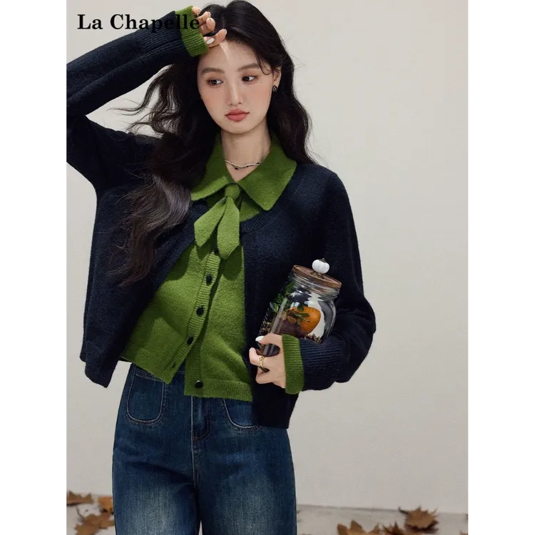 拉夏贝尔新款秋冬穿搭复古黑色假两件开衫毛衣女翻领好看宽松上衣