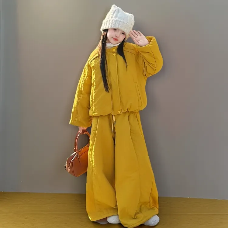 女童棉服棉裤套装2025冬季新款儿童夹棉加厚外套阔腿裤冬装两件套