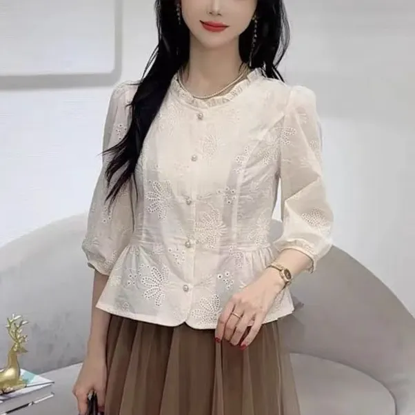 100%纯棉法式衬衫女2025早秋新款洋气显瘦减龄宽松遮肚百搭上衣潮