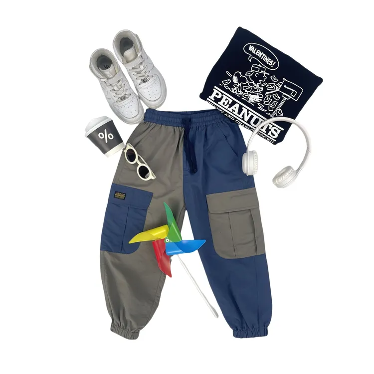 2025春夏新款男女童亲子装大码宽松左右拼色速干束脚长裤