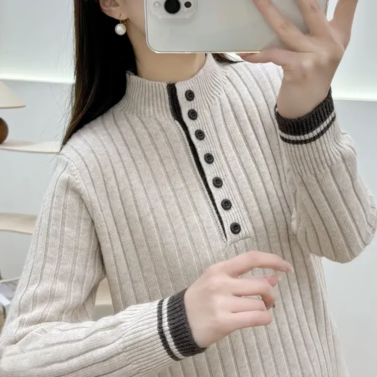 加厚套头半高领毛衣女秋冬新款时尚洋气宽松针织衫半开纽扣打底衫