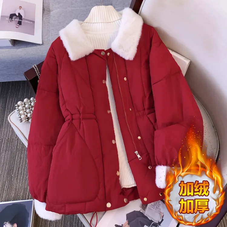 新年红色加绒加厚面包服毛领外套女2025冬季舒适保暖外穿棉袄上衣