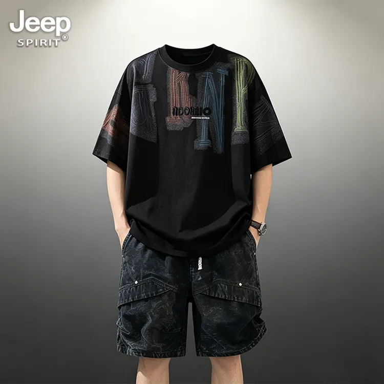 JEEPSPIRIT吉普男士大码时尚套装夏季新款复古工装简约休闲两件套
