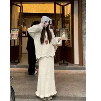 仙女韩系搭配一整套秋冬蕾丝拼接慵懒风连帽毛衣针织半身裙两件套