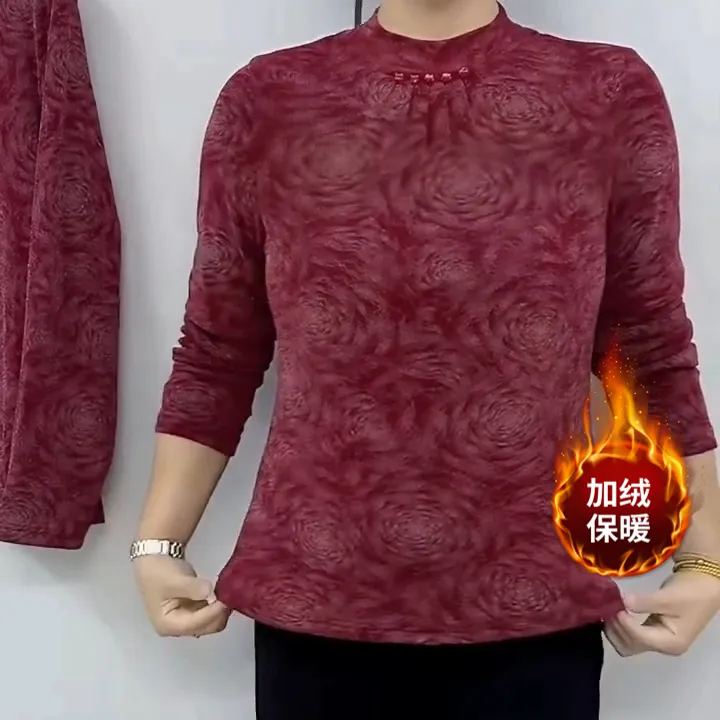 复古潮流时尚中年妈妈休闲针织开衫2025冬季新款半高领加绒打底衫