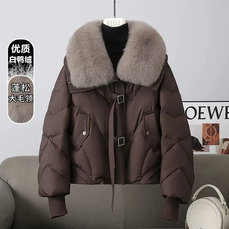 2025冬季新款羽绒服短款女款显瘦鸭绒服可拆卸毛领大毛领皮草外套