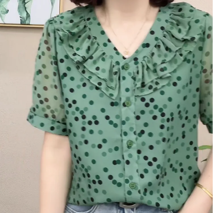 2025夏季显瘦短袖V领静奢风印花波点百搭T恤时尚气质遮肉设计感潮