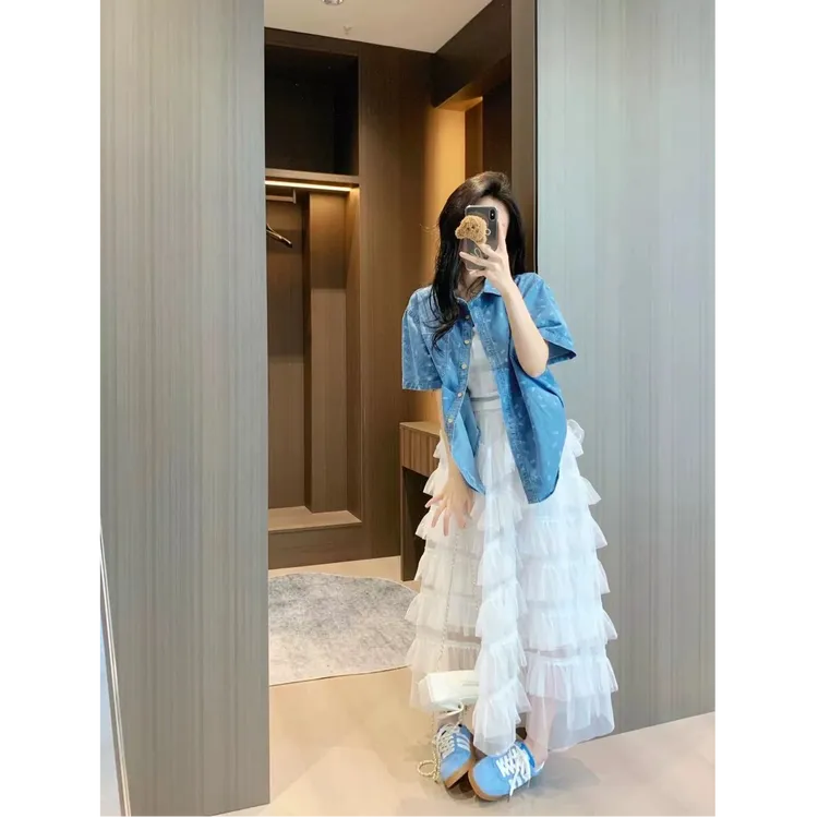 牛仔衬衣外套女2025设计感洋气宽松休闲小个子短袖衬衫半身裙套装