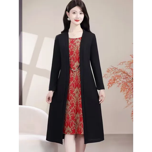 常规中长裙宽松时尚中老年女装连衣裙中年高贵修身假两件连衣裙