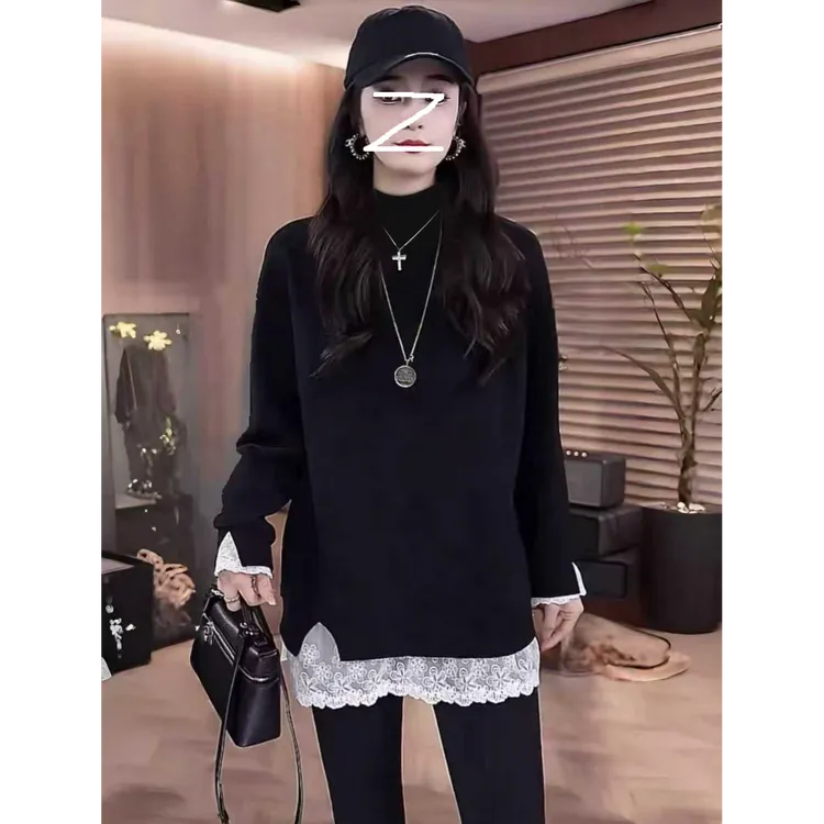 半高领2025新款宽松蕾丝打底衫中长款遮屁股t恤内搭纯色长袖上衣