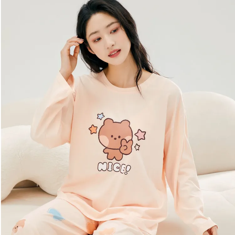 新款纯棉长袖睡衣套装女士卡通圆领家居服透气吸汗大码睡衣薄款