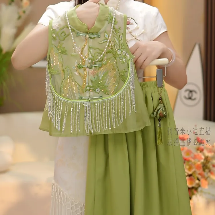 女童无袖国风阔腿裤套装2025夏季新中式刺绣重工流苏盘扣背心裙裤