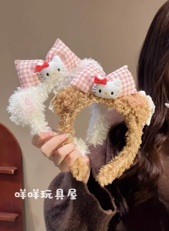 甜美蝴蝶结毛绒KT猫发箍女小众设计可爱时尚头箍洗脸防滑发卡头饰