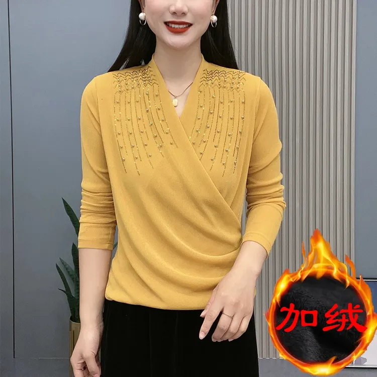 【加绒来啦】2025新款交叉领简约妈妈装纯色钉珠长袖百搭打底衫