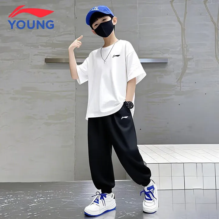 李宁男童套装夏季薄款儿童休闲透气短袖宽松速干长裤中大童两件装