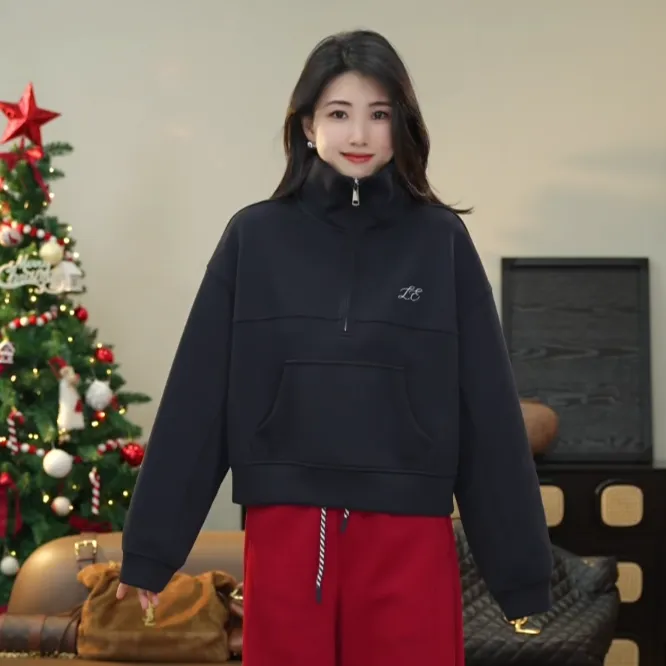 小乖逃休闲舒适藏蓝卫衣长袖加绒小天鹅秋冬高领宽松Z0032