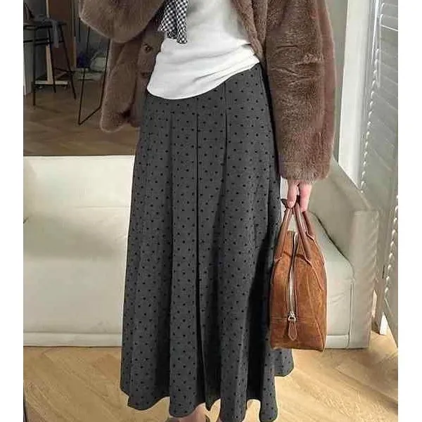 灰色百褶波点毛呢保暖a字裙灰色百搭遮胯显瘦长裙高腰半身裙伞裙