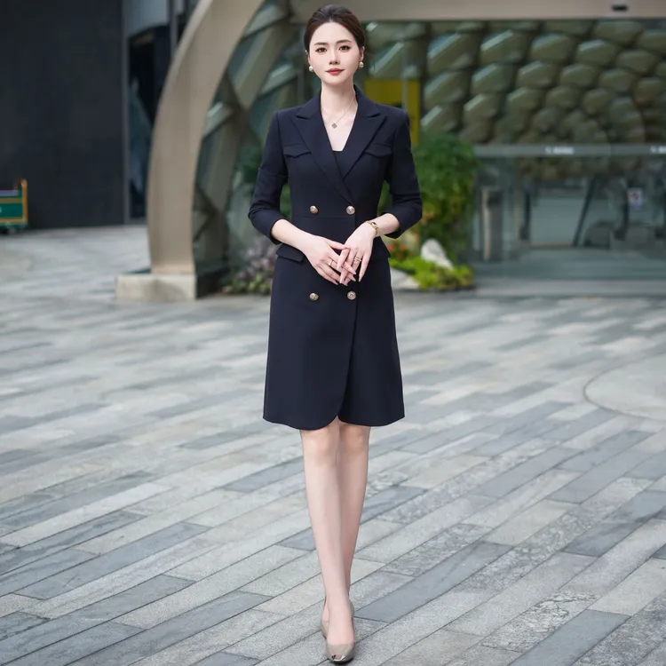 连衣裙轻职风时尚名媛气质收腰纯色纯色V领西装裙显瘦长袖修身