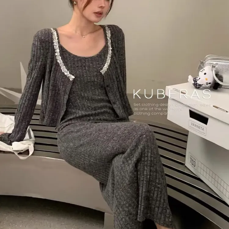 9301胖MM秋季韩系纯欲温柔风显瘦重工亮片长袖外套吊带连衣裙套装