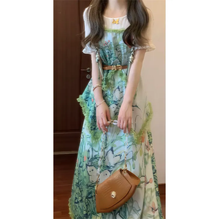 【夏日琉璃翠】绝美假两件印花漂亮独特蛋糕连衣裙收腰气质长裙9624