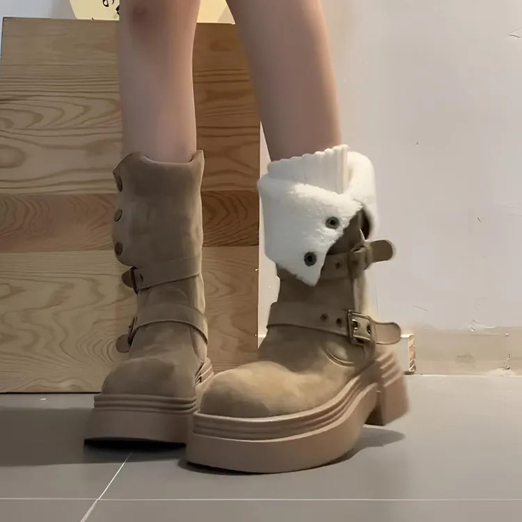 美拉德小个子厚底粗跟短靴女2025新款冬季加绒靴子中筒厚底雪地靴