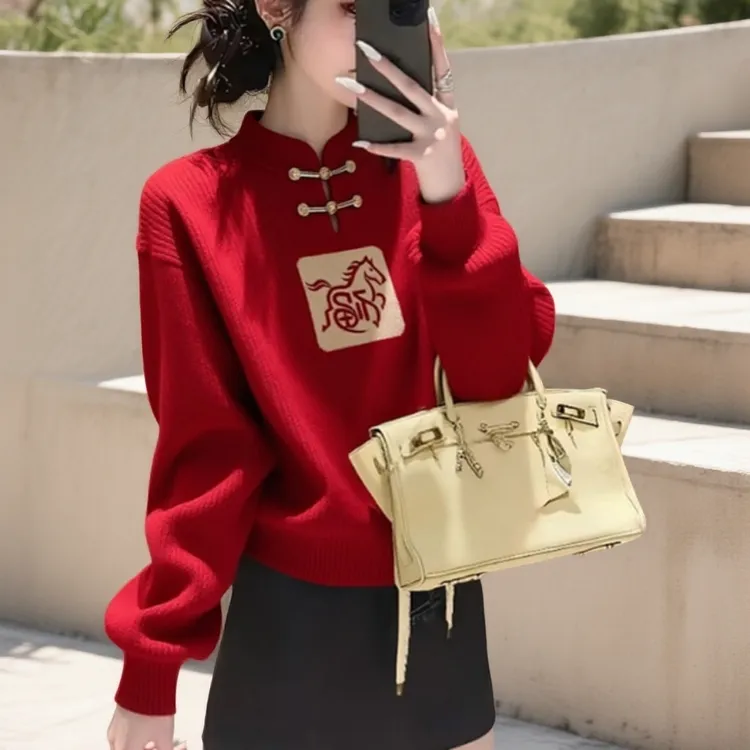 圣诞新年加厚卫衣打底法式秋冬衫马年本命年上衣国风红色毛衣女