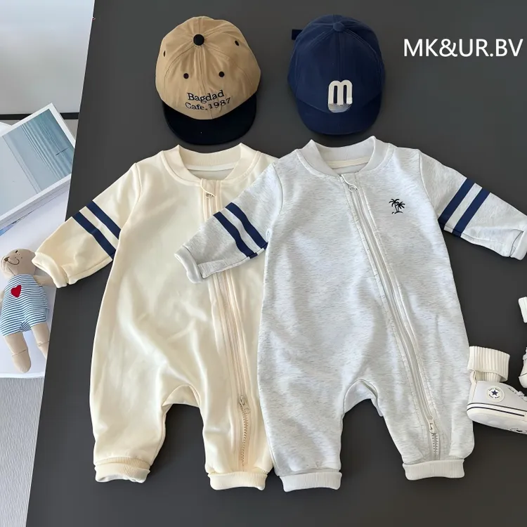 新生儿秋季衣服男宝宝棒球领长袖连体衣婴儿春秋长袖哈衣外穿爬服