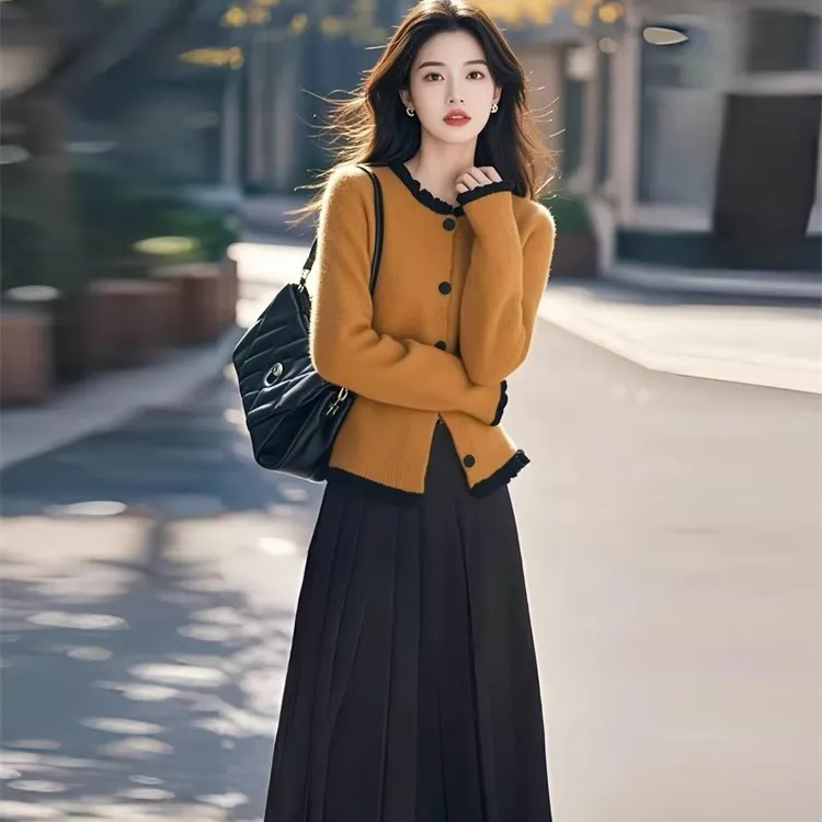 哥弟阿玛施正品新款女装复古早秋休闲风针织秋冬开衫裙子时尚套装