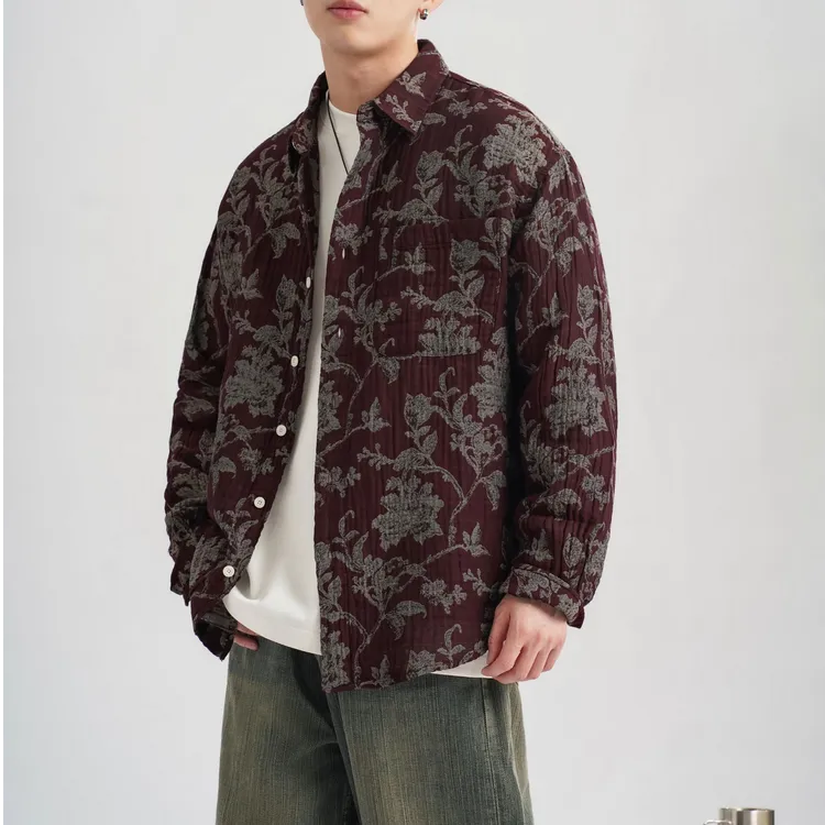 上衣纯棉提花男单排扣秋冬宽松复古男士长袖复古不缩水翻领衬衫