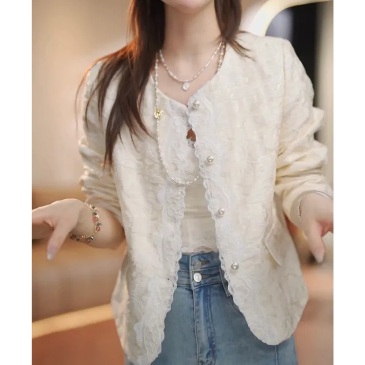 高级感精致名媛气质小香风外套女2025春季新款重工蕾丝设计感上衣