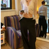 THREE GOOOD/三吉百搭袖口条纹设计感裤脚开叉休闲西装裤SK240697