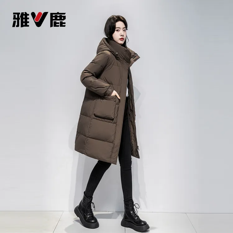 雅鹿中长款加厚连帽可拆卸保暖优选白鸭绒女款外套过膝防寒羽绒服
