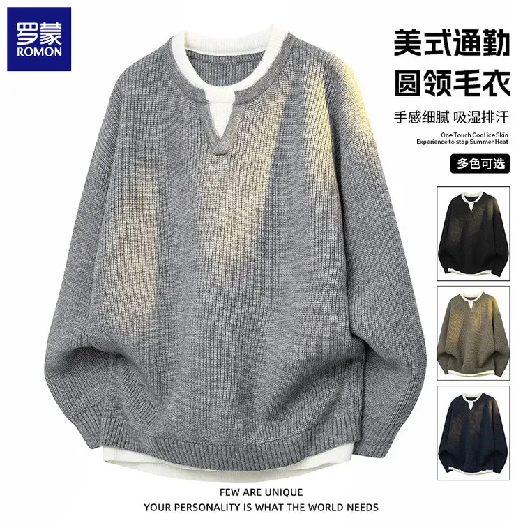 罗蒙美式休闲毛衣男士假两件潮流2025帅气针织衫秋冬季休闲套上衣