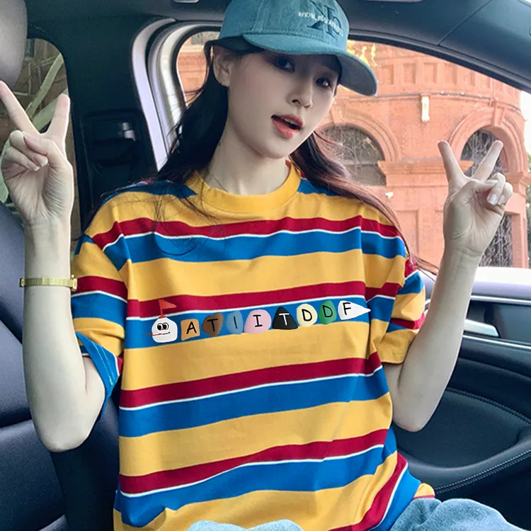 条纹短袖t恤女爆款百搭显瘦宽松设计感overseas半袖上衣